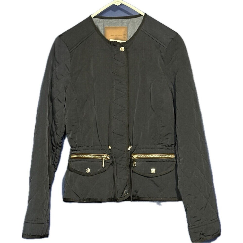 Zara Woman Full Zip Jacket Womens Size Small Navy Quilted Gold Hardware Pockets